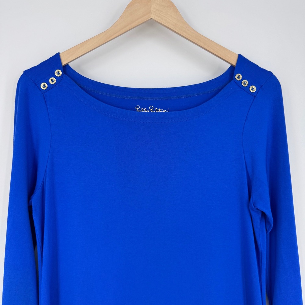 Lilly Pulitzer Sophie UPF 50 Shift Dress Womens M Blue 3/4 Sleeve Gold Button - Picture 3 of 11